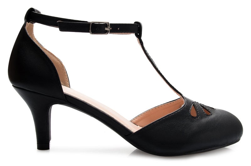 Olivia K Women's Kitten Low Heels T-Strap Pumps - Adorable Vintage Retro Shoes with T Strap - Unique Upper Cut Out Design - Image 2